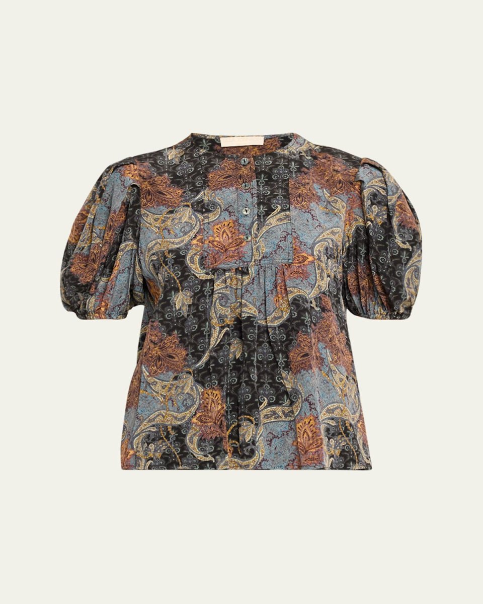 Lila Gathered Silk Puff-Sleeve Top